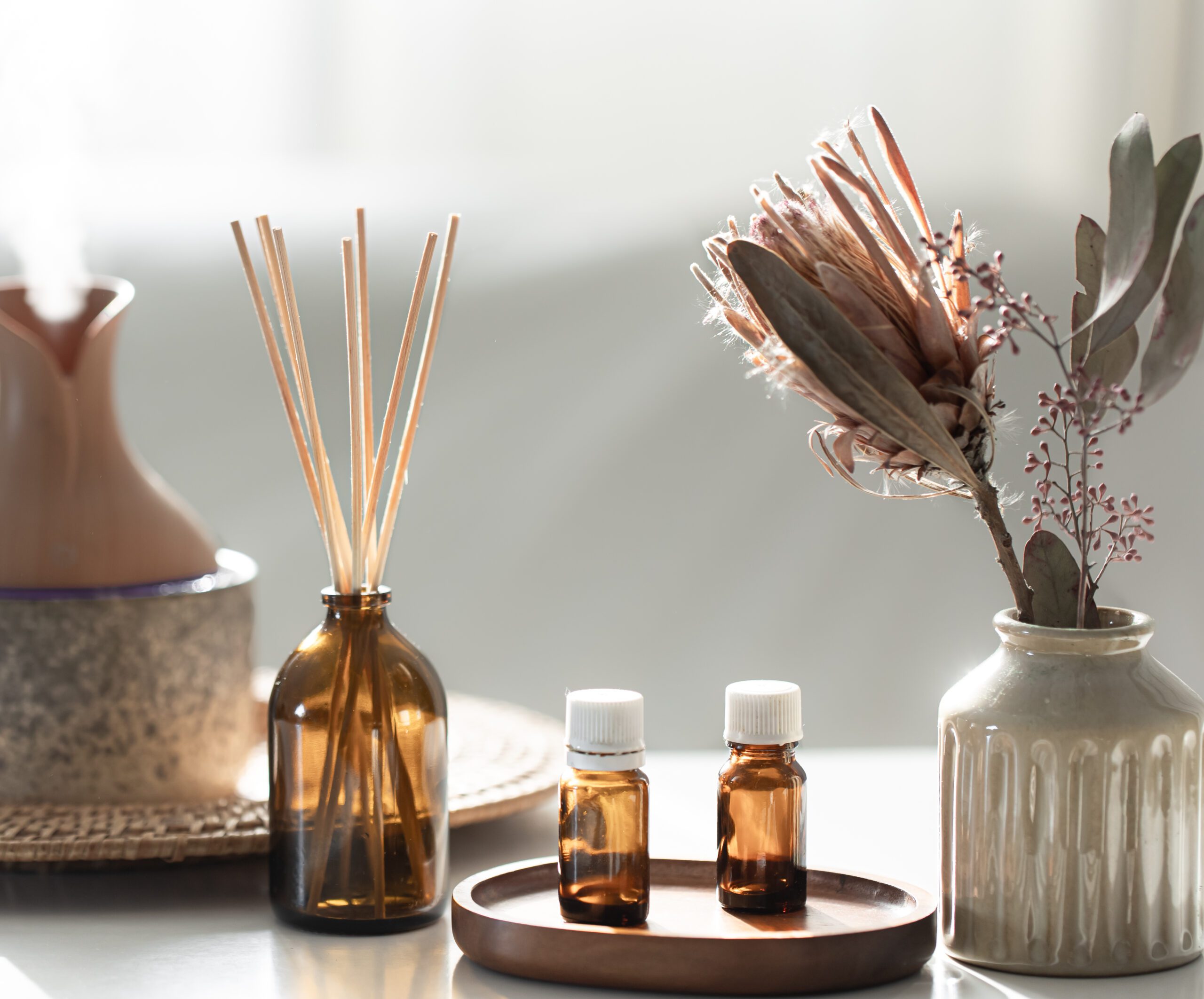 Spa composition with incense sticks, air humidifier and aroma oils.