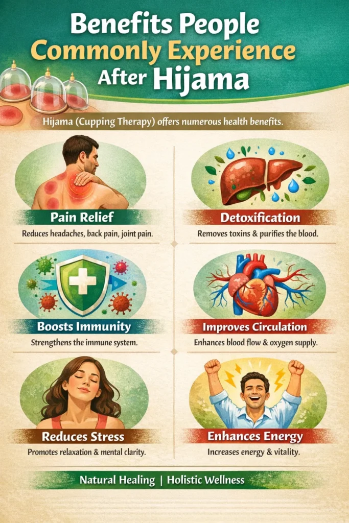 a infographics on Benefits People Commonly Experience After Hijama