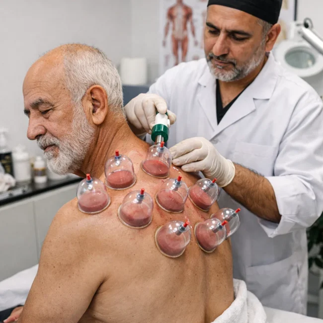Gentle wet cupping therapy session on the upper back at Hijama Natural Healing Scarborough — treatment adapted for older adults