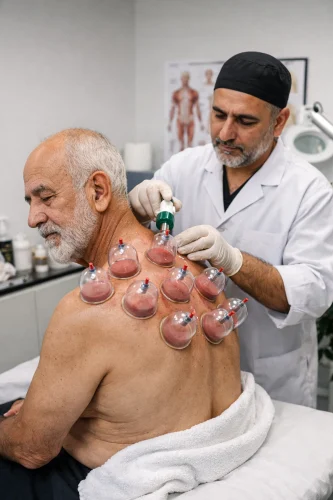 Gentle wet cupping therapy session on the upper back at Hijama Natural Healing Scarborough — treatment adapted for older adults